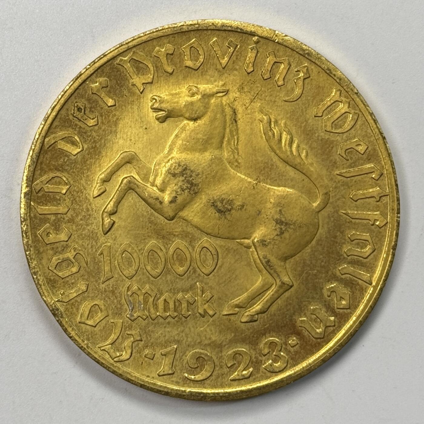 S&S Numismatic世界钱币-拍卖 第118期  德国紧急时期1923年 威斯特法伦 10000马克铜鎏金大马币 品相如图