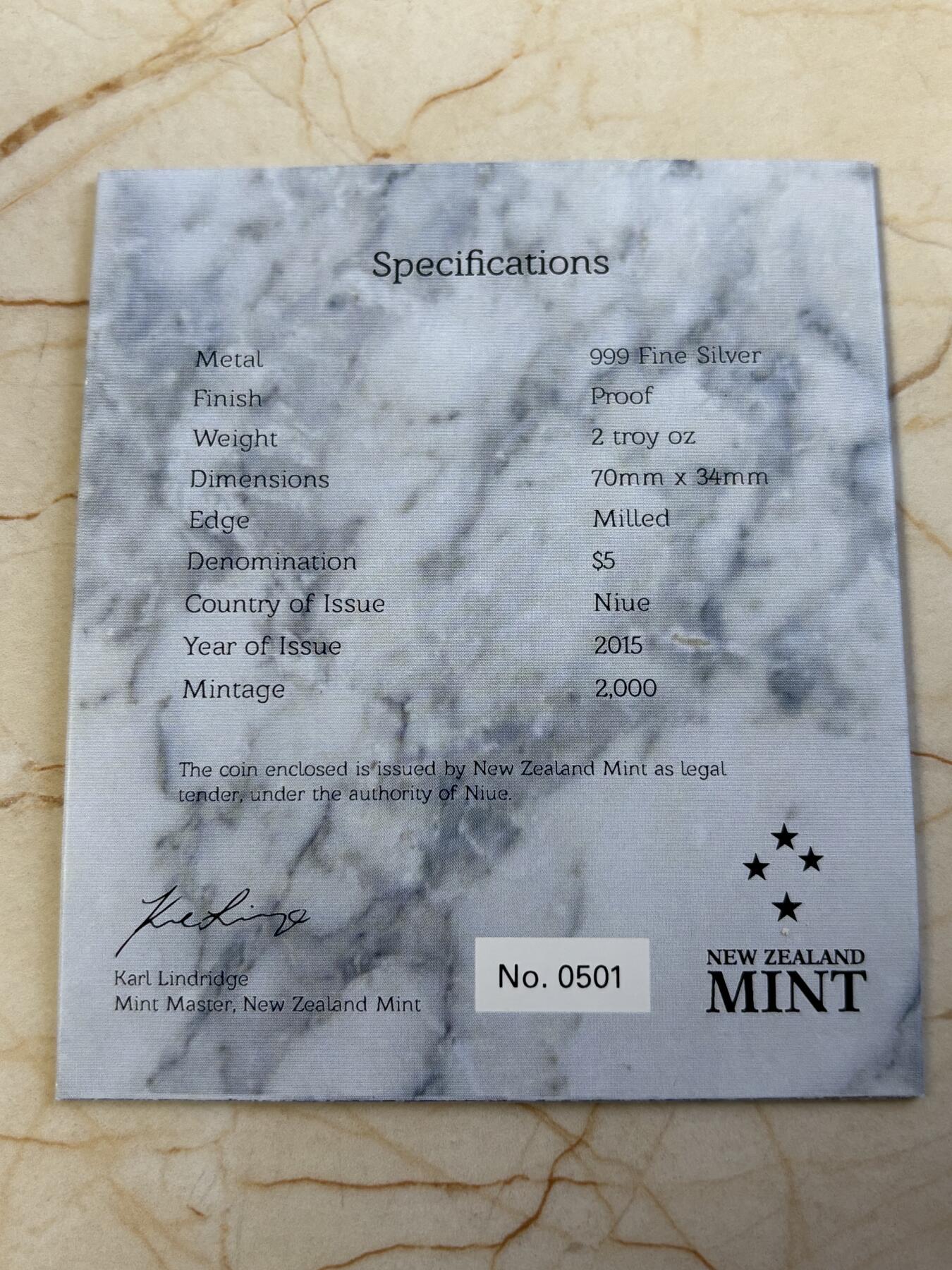 第187期拍卖 纽埃2015年希腊神话阿波罗长方形2盎司纪念银币，999银，发行2000枚