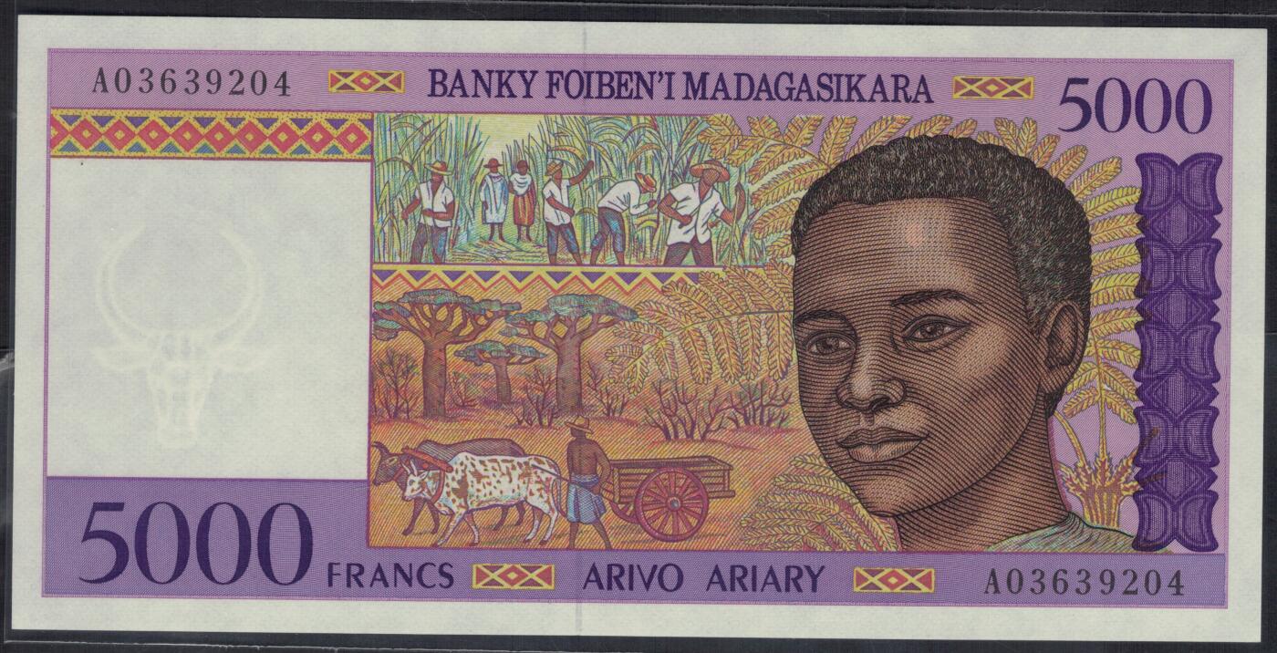 马达加斯加1995年5000法郎(1000阿里亚里) P-78 A冠 实物图 UNC