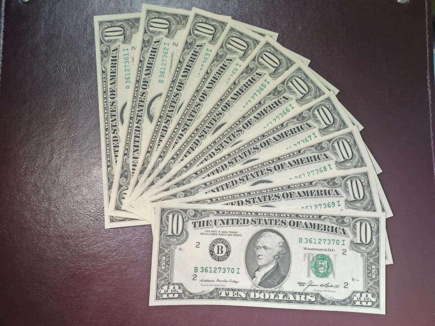 美国纸币 1985年 标十 小头版 10美元 十连号全程 无4号段 全新UNC