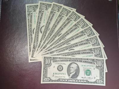 美国纸币 1985年 标十 小头版 10美元 十连号全程 无4号段 全新UNC - 美国纸币 1985年 标十 小头版 10美元 十连号全程 无4号段 全新UNC