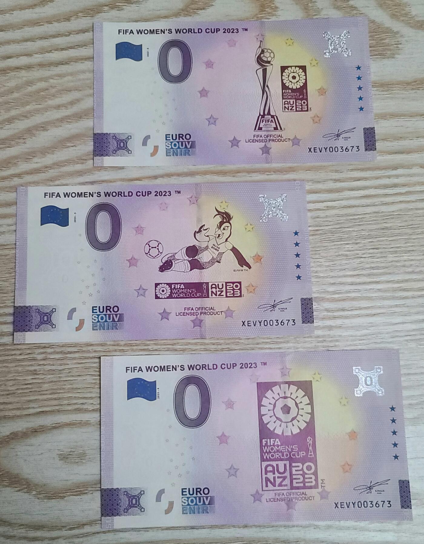 【币将精彩】纸币杂项拍卖（2026-1-11） 2813年澳新女足世界杯0欧元纪念钞3枚unc