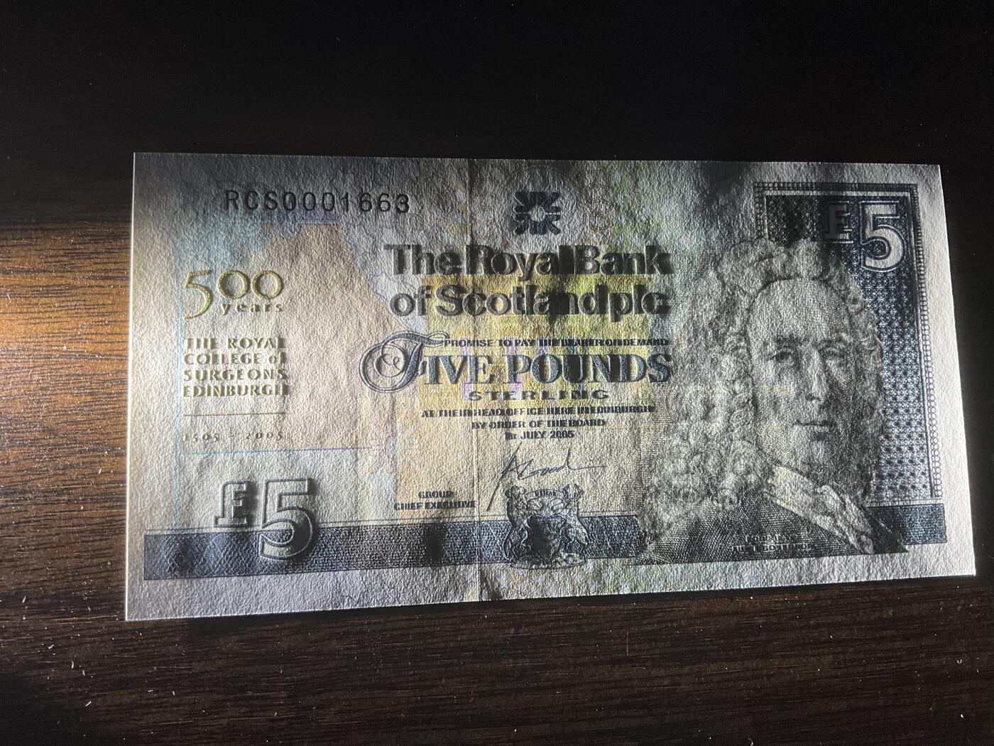 【礼羽收藏】🌏世界钱币拍卖第118期 苏格兰2005年 5 镑大卷毛 皇家医师学会500周年纪念钞 开门小号无47靓号，刀拆绝品