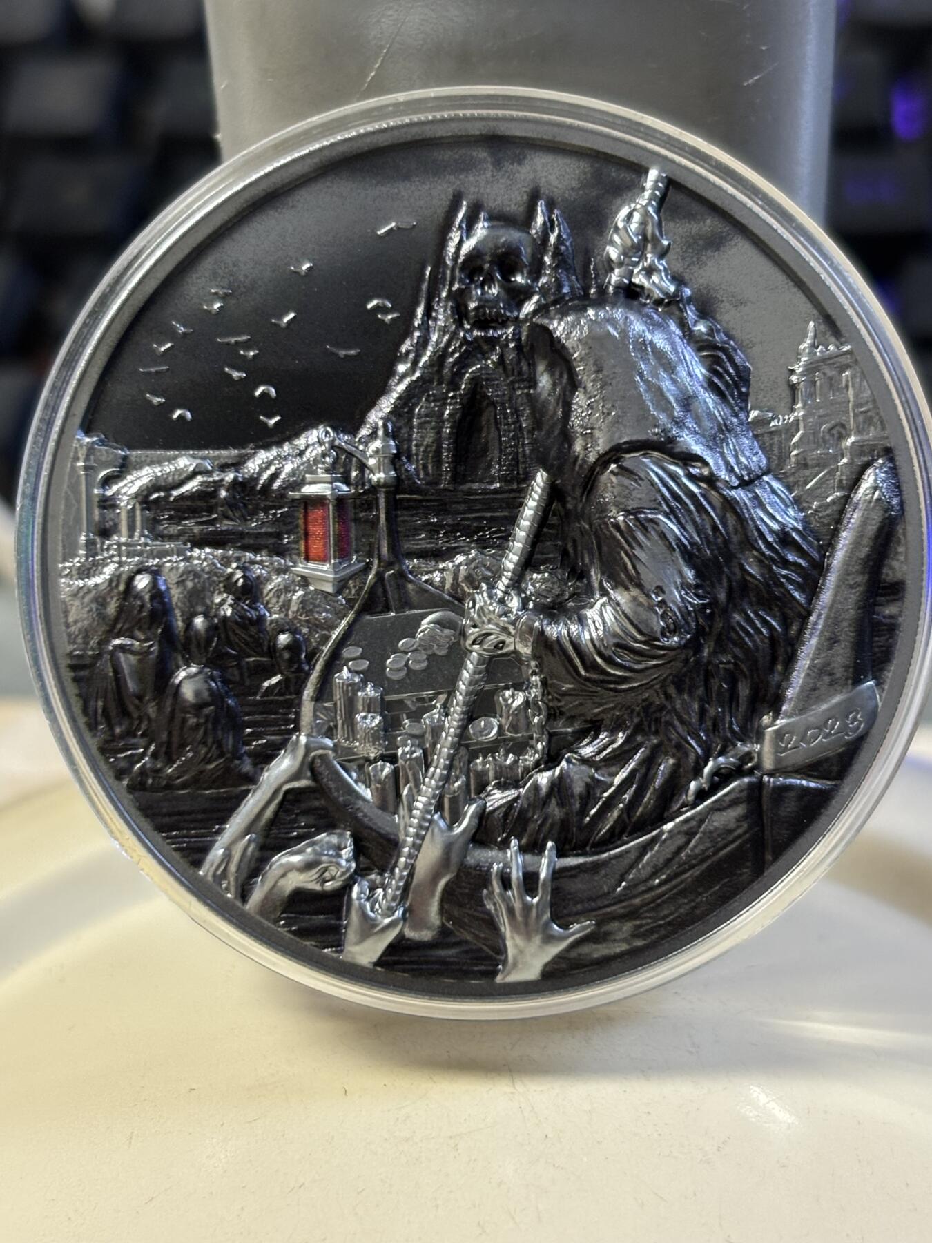 第187期拍卖 帕劳2023年亡灵猎人卡戎钌化3盎司纪念银币，9999银，发行量666枚