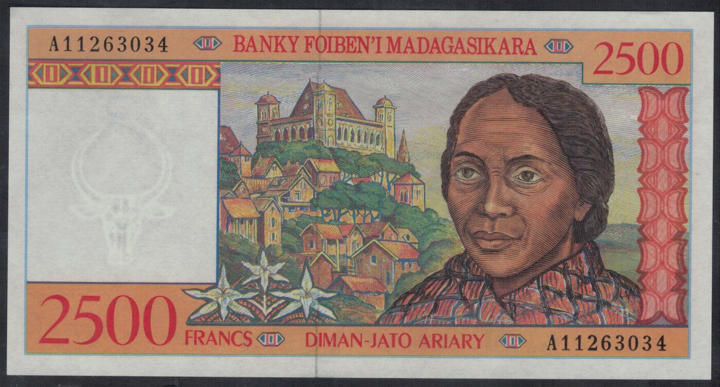 马达加斯加1998年2500法郎(500阿里亚里) A冠 P-81 非洲纸币 实物图 UNC
