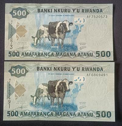 【游宝包邮场】蛇年第105期 纸钞硬币卡牌综合场[一] - 卢旺达 500法郎x2 UNC/UNC-