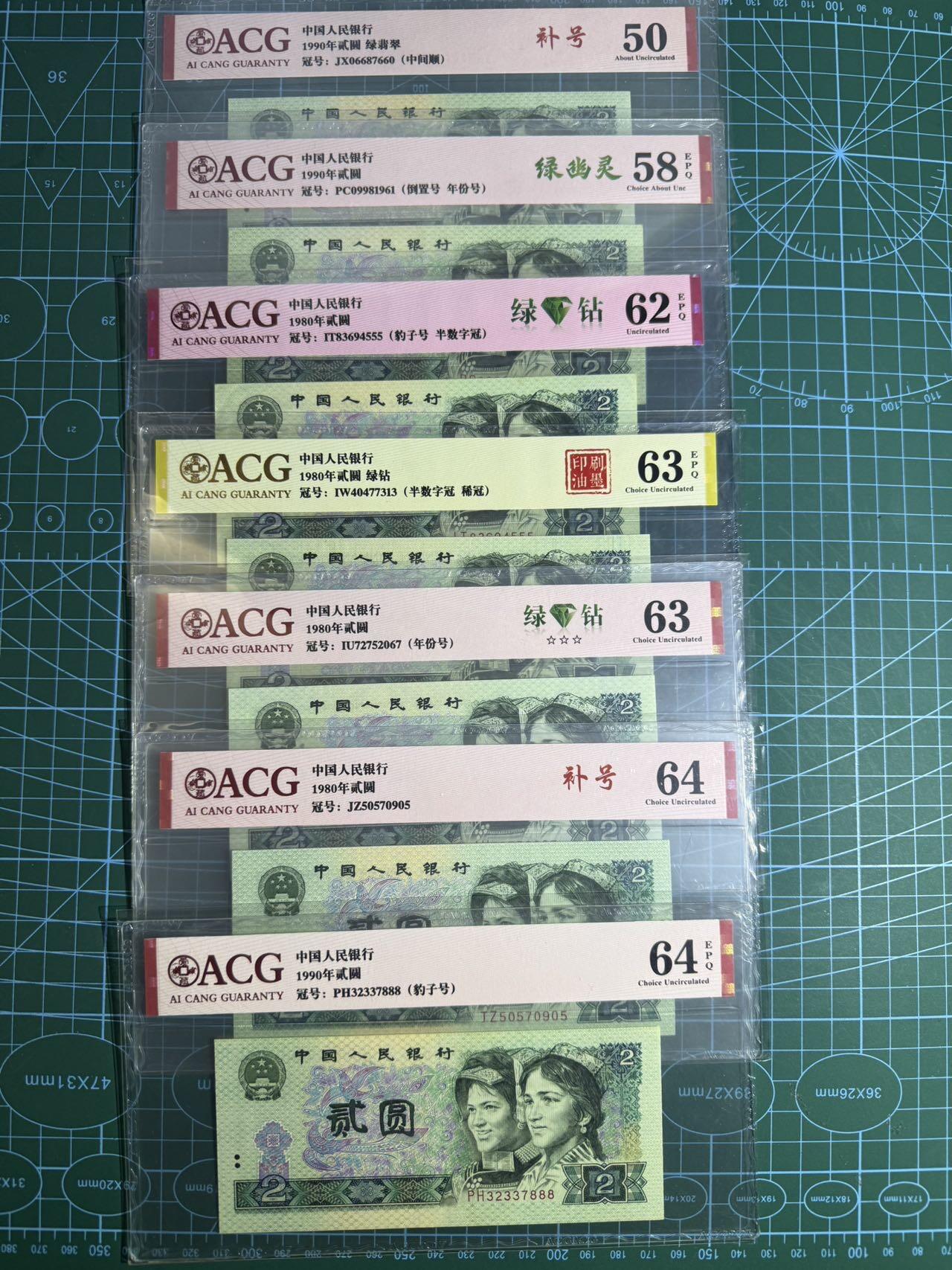 【炜奕收藏】，第五十五期，新年第一场，国币专场 四版贰元共7张，爱藏评级，评分及号码如图