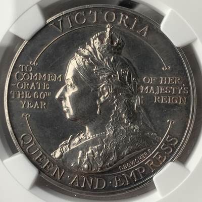 掌中浮雕-藏着的欧洲第048场 - NGC UNC ：1896年英国维多利亚女王60周年纪念银章，38mm，女王60周年纪念稀少品种