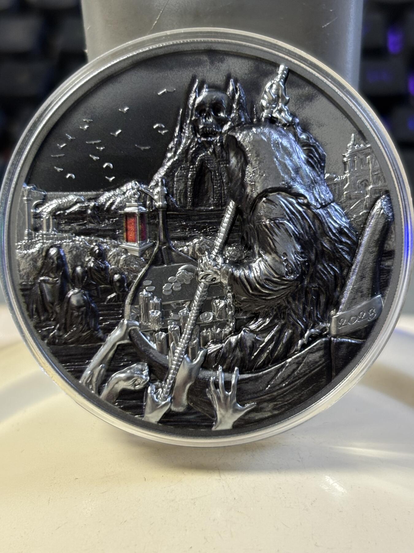 第187期拍卖 帕劳2023年亡灵猎人卡戎钌化3盎司纪念银币，9999银，发行量666枚