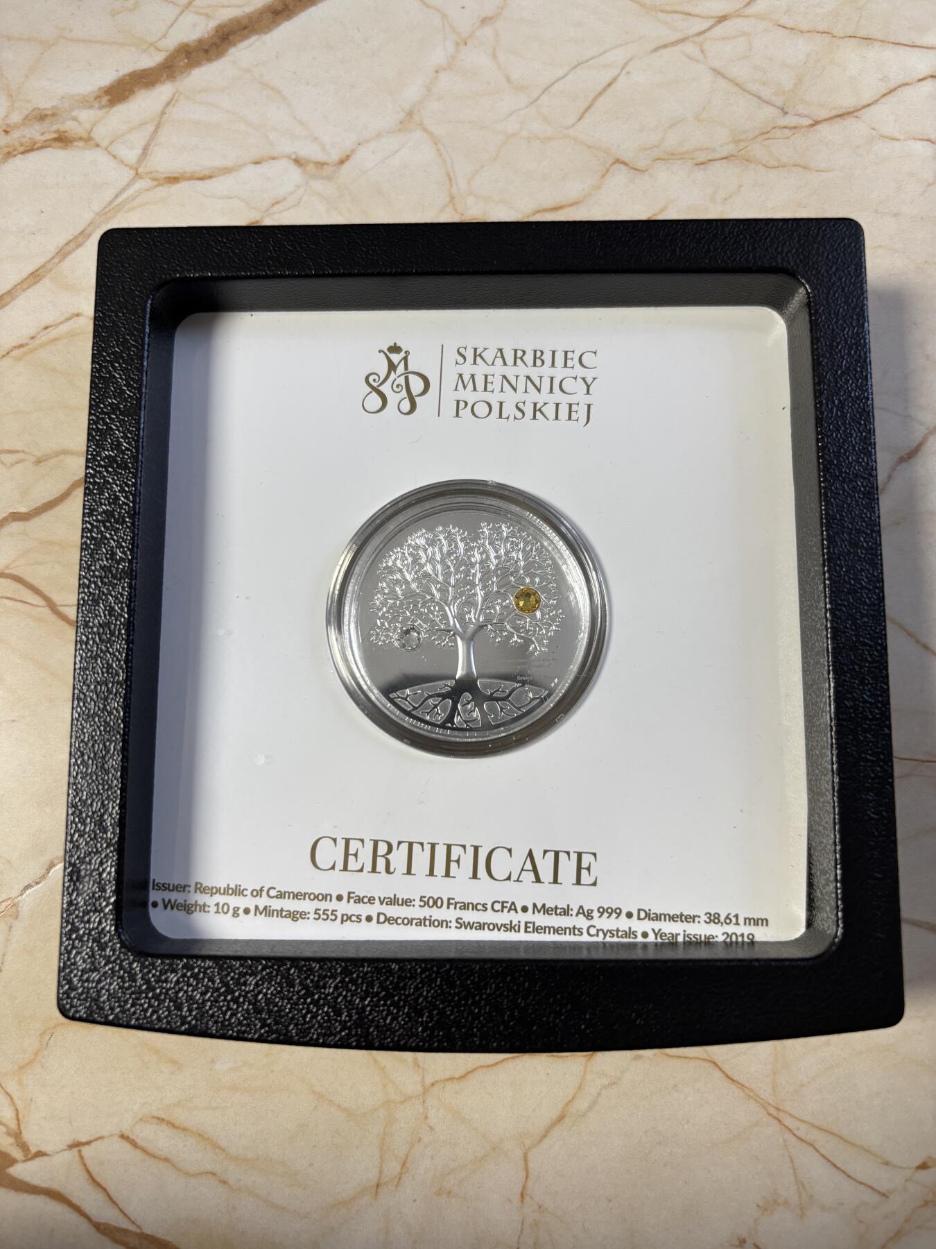 第187期拍卖 喀麦隆2019年生命之树镶嵌水晶纪念银币，999银，10克，发行555枚