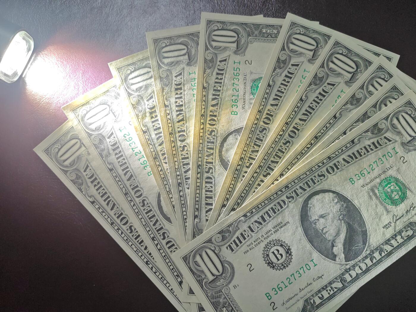 美国纸币 1985年 标十 小头版 10美元 十连号全程 无4号段 全新UNC