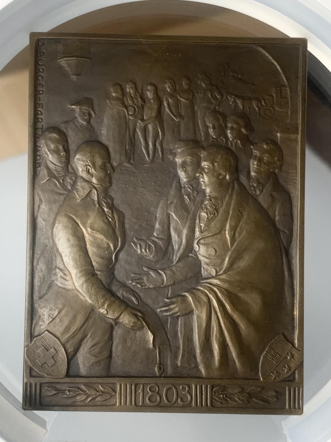 掌中浮雕-藏着的欧洲第048场 NGC MS64 : 1903年瑞士联邦成立100周年纪念铜章，60 x 80 mm ，NGC超大盒子