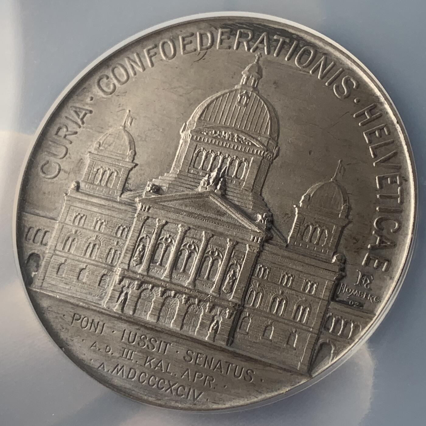 掌中浮雕-藏着的欧洲第048场 NGC MS64 : 1902年瑞士联邦委员会大楼落成纪念大银章 , 55mm , 稀少品种 