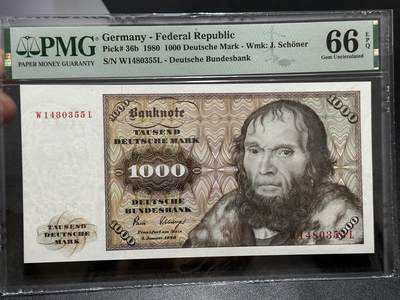 🎉🎉🎉《外钞收藏家》第六百期（年度庆典场）（本平台长期征集拍品、欢迎藏友们联系合作）❤️❤️❤️ - 1980年德国1000马克 舍那 PMG66 尾55