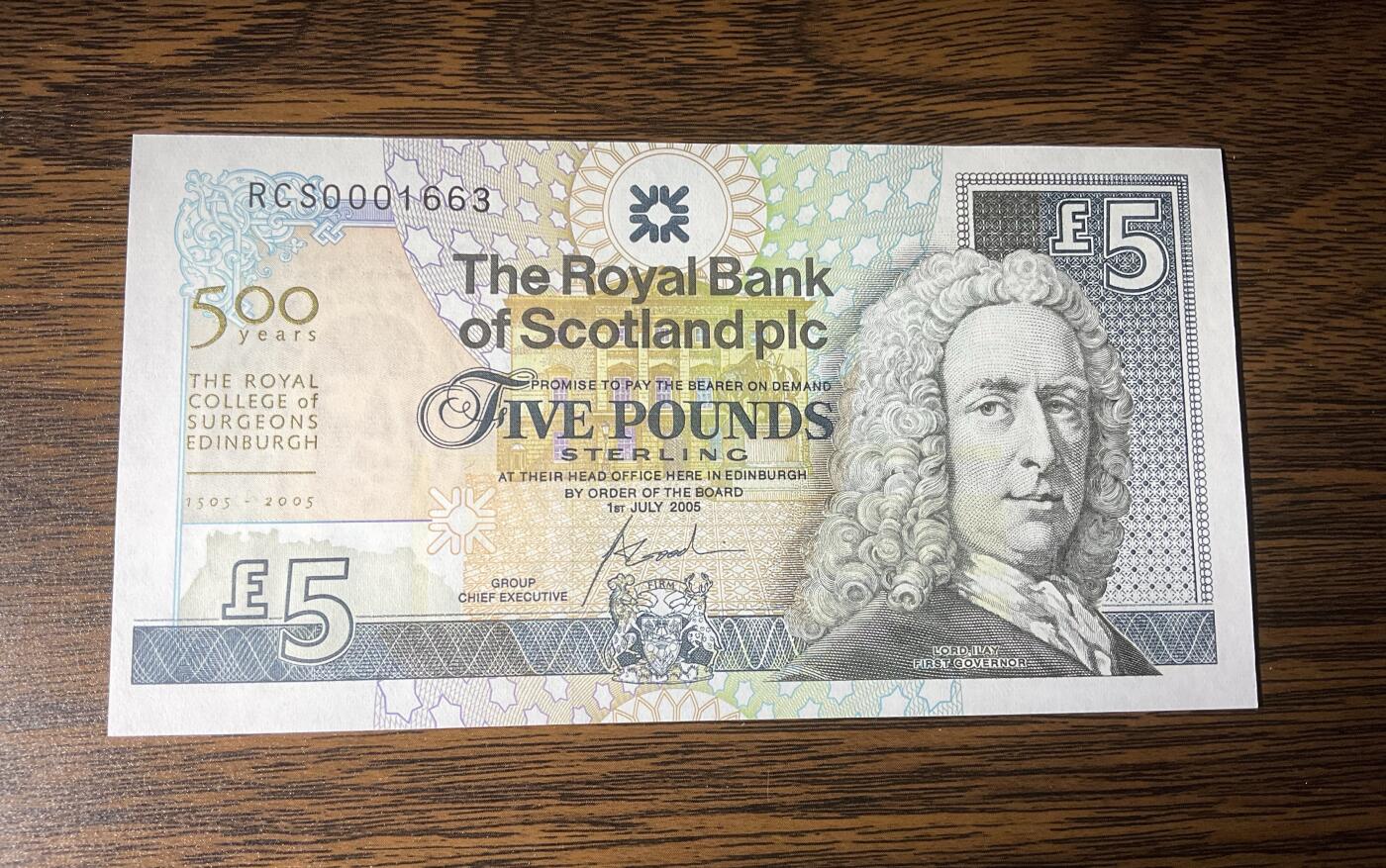 【礼羽收藏】🌏世界钱币拍卖第118期 苏格兰2005年 5 镑大卷毛 皇家医师学会500周年纪念钞 开门小号无47靓号，刀拆绝品