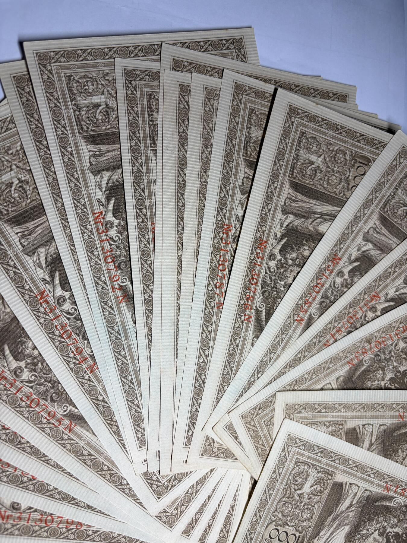 2026年集古藏今外币拍卖第一期-第3场—（总第300拍-纸币专场），本期拍完结算一次，发货时间2-3天，休息几天后继续新的一期拍卖。 稀少全新原封1910年20连号德国1000马克，带腰条