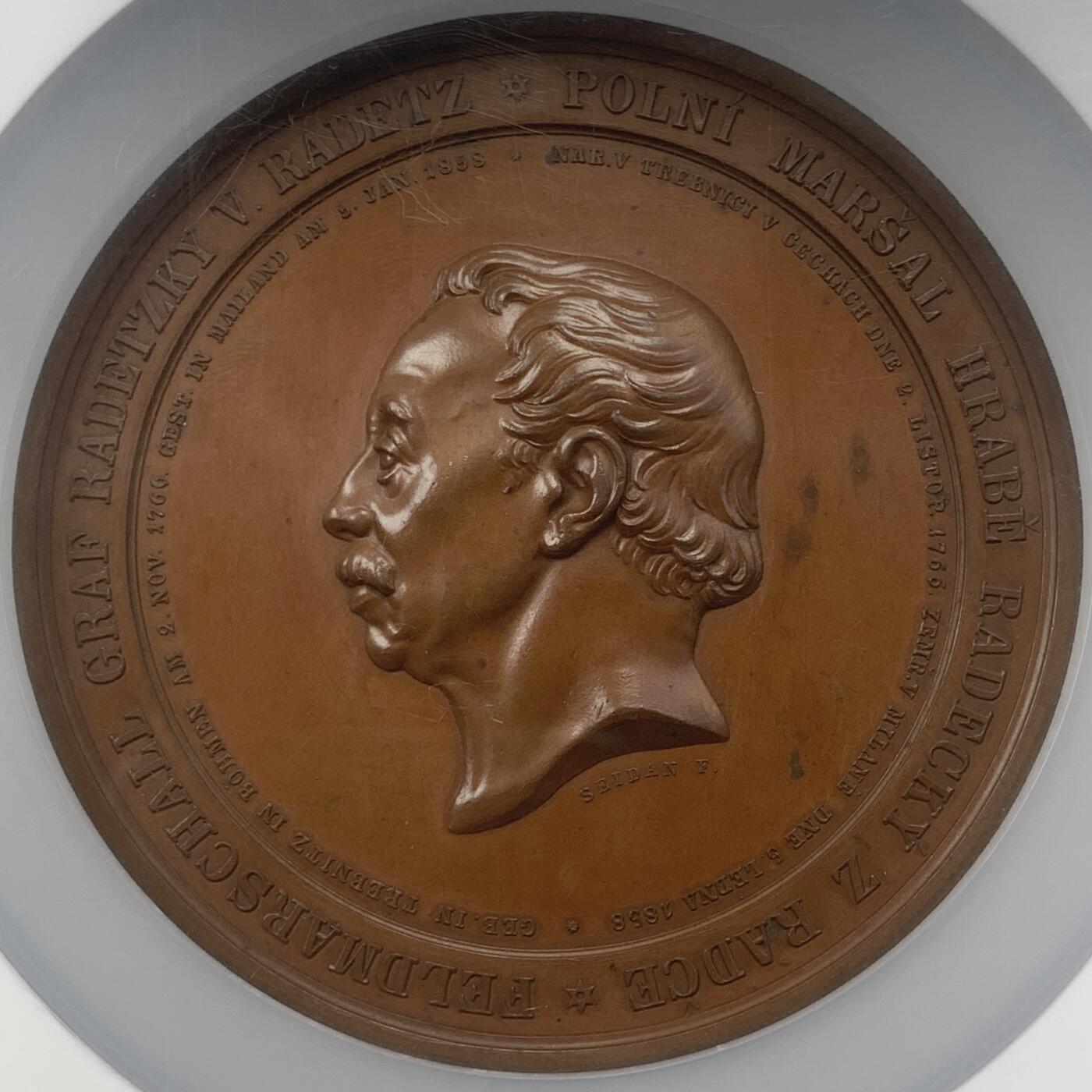 掌中浮雕-藏着的欧洲第048场 NGC MS64 : 1859年奥地利拉德斯基元帅纪念碑落成纪念铜章，80mm