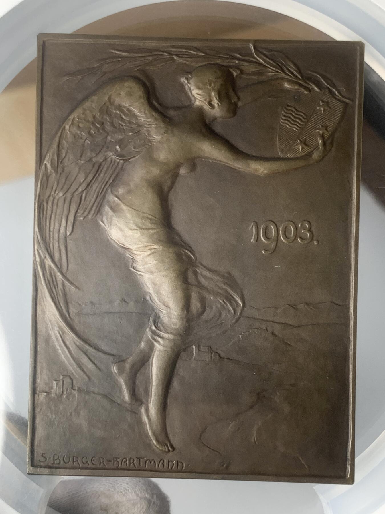 掌中浮雕-藏着的欧洲第048场 NGC MS64 : 1903年瑞士联邦成立100周年纪念铜章，60 x 80 mm ，NGC超大盒子