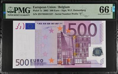 🎉🎉🎉《外钞收藏家》第六百期（年度庆典场）（本平台长期征集拍品、欢迎藏友们联系合作）❤️❤️❤️ - 2002一签500欧元  稀少比利时版 PMG66 长号无4