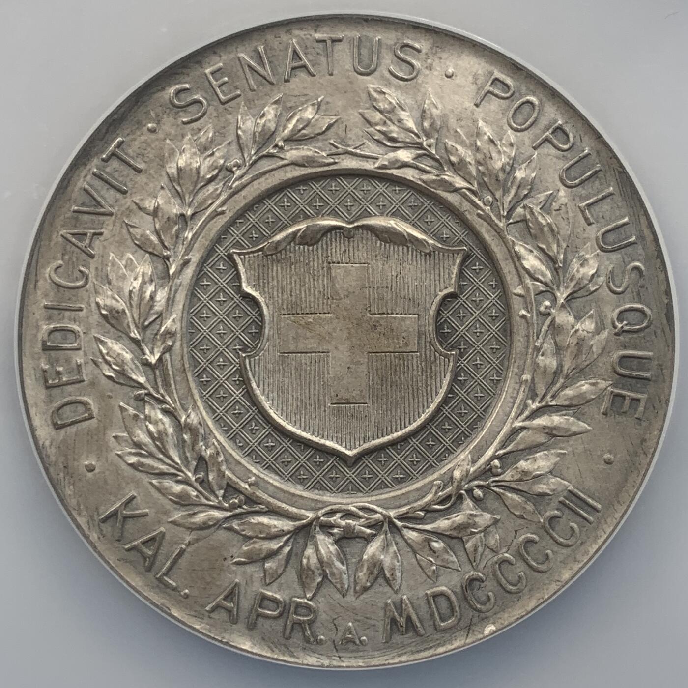 掌中浮雕-藏着的欧洲第048场 NGC MS64 : 1902年瑞士联邦委员会大楼落成纪念大银章 , 55mm , 稀少品种 