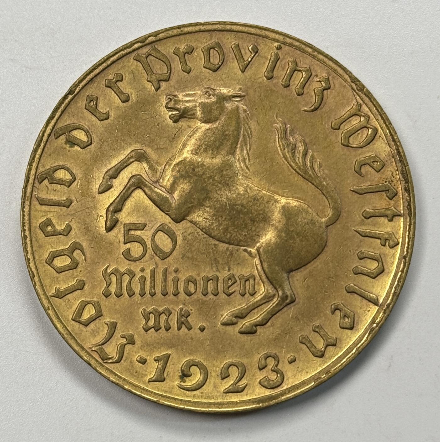 S&S Numismatic世界钱币-拍卖 第118期  德国紧急时期1923年 威斯特法伦 50000000马克铜鎏金大马币 品相如图