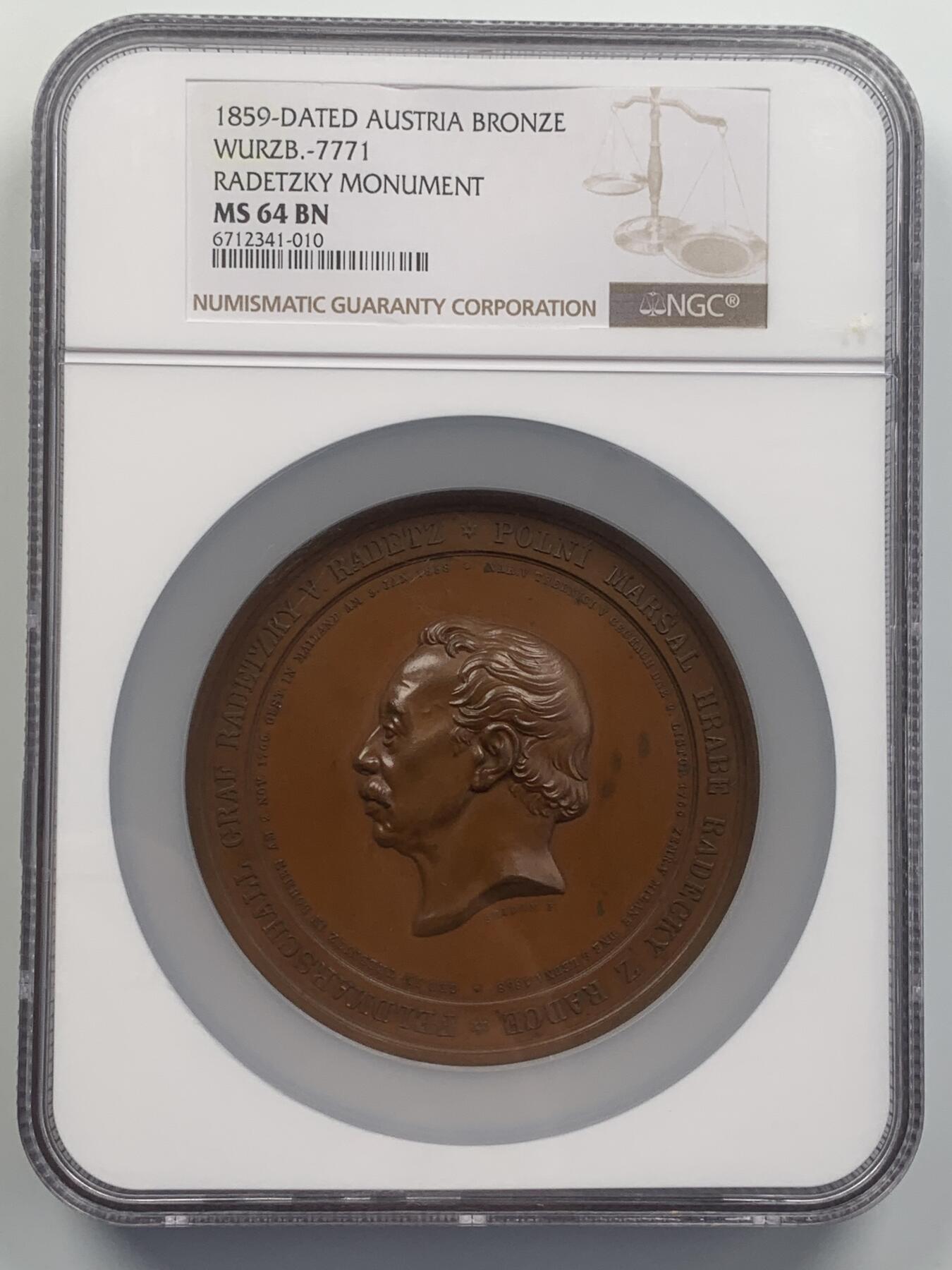 掌中浮雕-藏着的欧洲第048场 NGC MS64 : 1859年奥地利拉德斯基元帅纪念碑落成纪念铜章，80mm