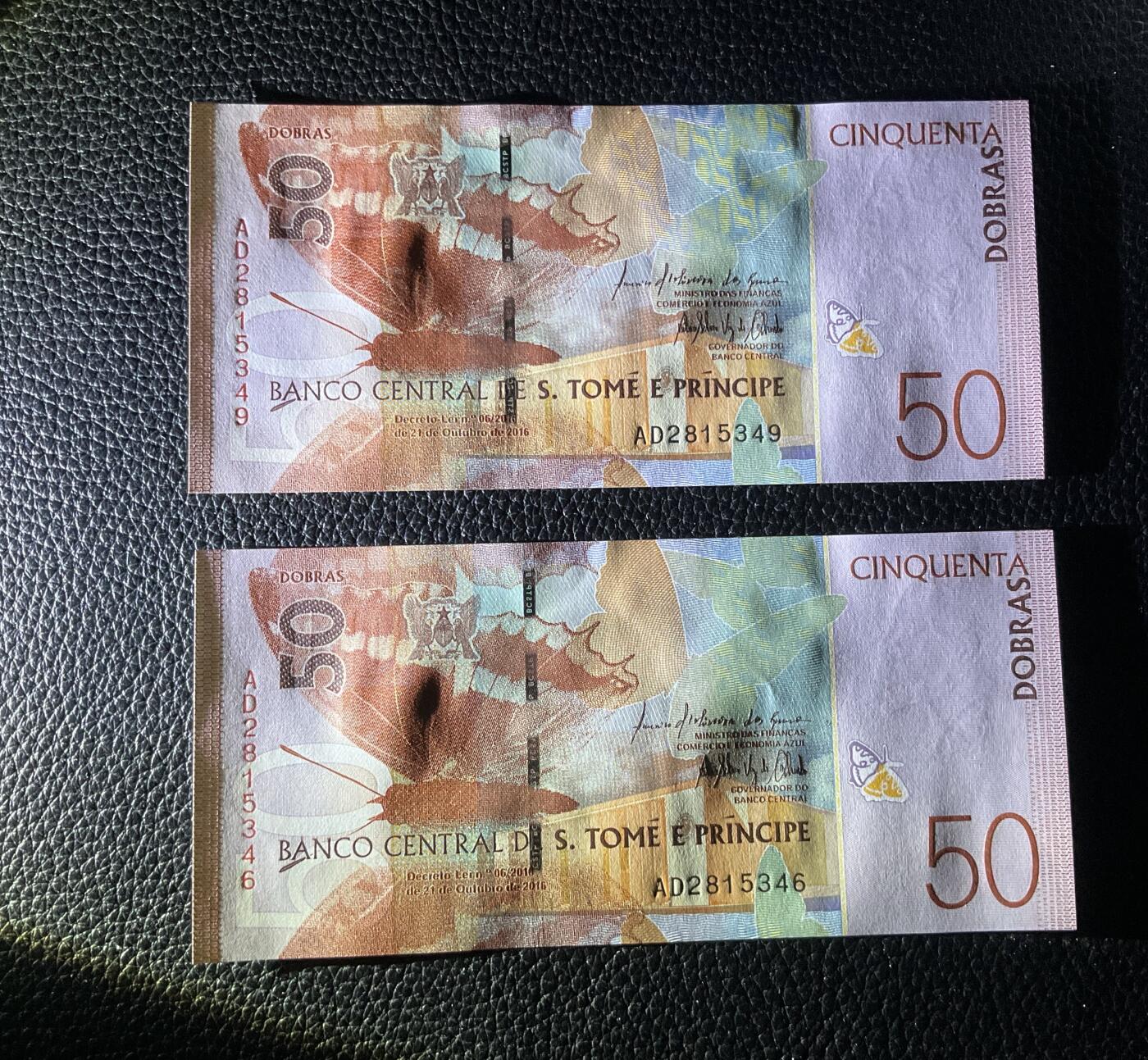 【礼羽收藏】🌏世界钱币拍卖第118期 圣多美和普林西比 2016年50杜普拉，刀拆UNC乱蛇号二张
