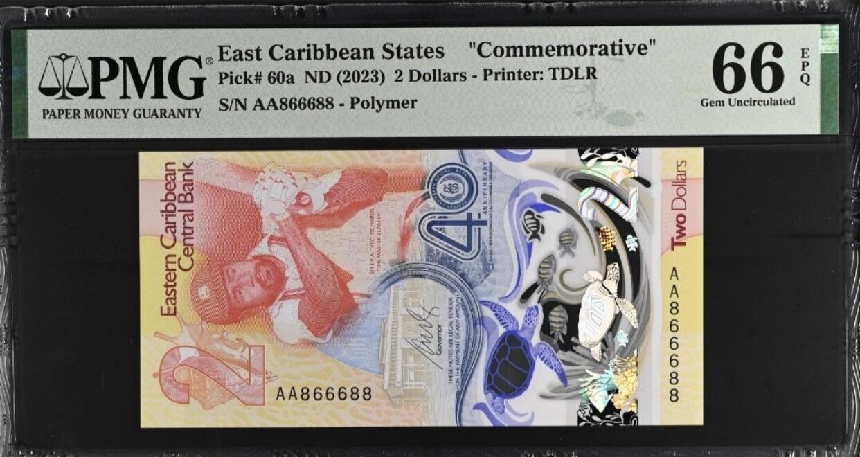【礼羽收藏】🌏世界钱币拍卖第131期 【AA866688】2023年东加勒比2元纪念钞 首发AA冠 圆圆号 数二 68组合 尾88 PMG66 2023年IBNS世界最佳纸币