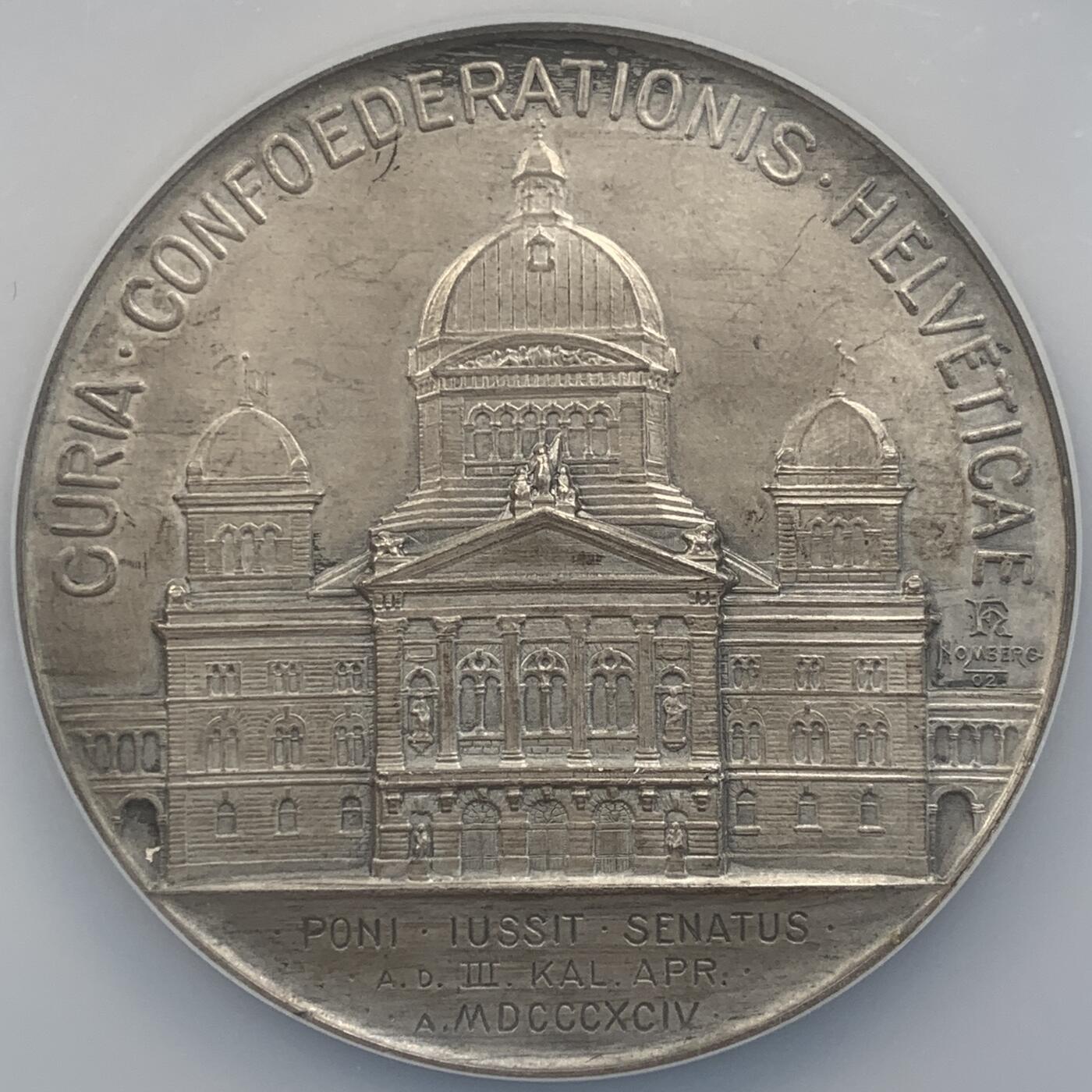 掌中浮雕-藏着的欧洲第048场 NGC MS64 : 1902年瑞士联邦委员会大楼落成纪念大银章 , 55mm , 稀少品种 