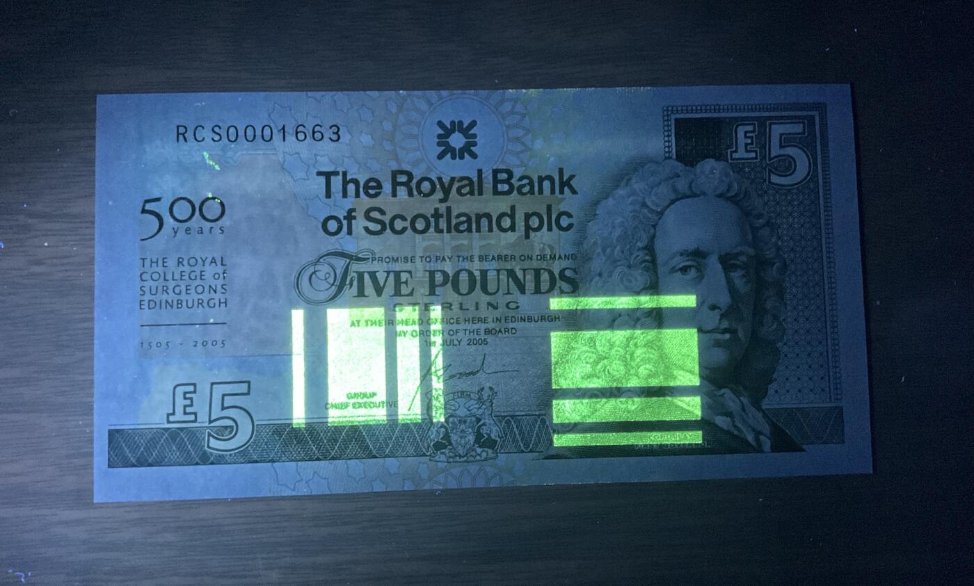 【礼羽收藏】🌏世界钱币拍卖第118期 苏格兰2005年 5 镑大卷毛 皇家医师学会500周年纪念钞 开门小号无47靓号，刀拆绝品
