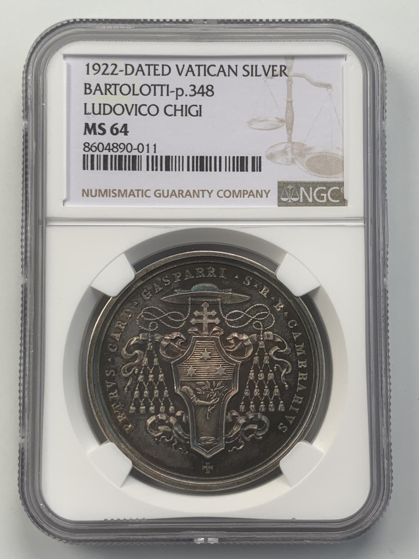 掌中浮雕-藏着的欧洲第048场 NGC MS64 ：1922年意大利教宗国（Papal States）银质纪念章，39mm，五彩包浆，稀少品种