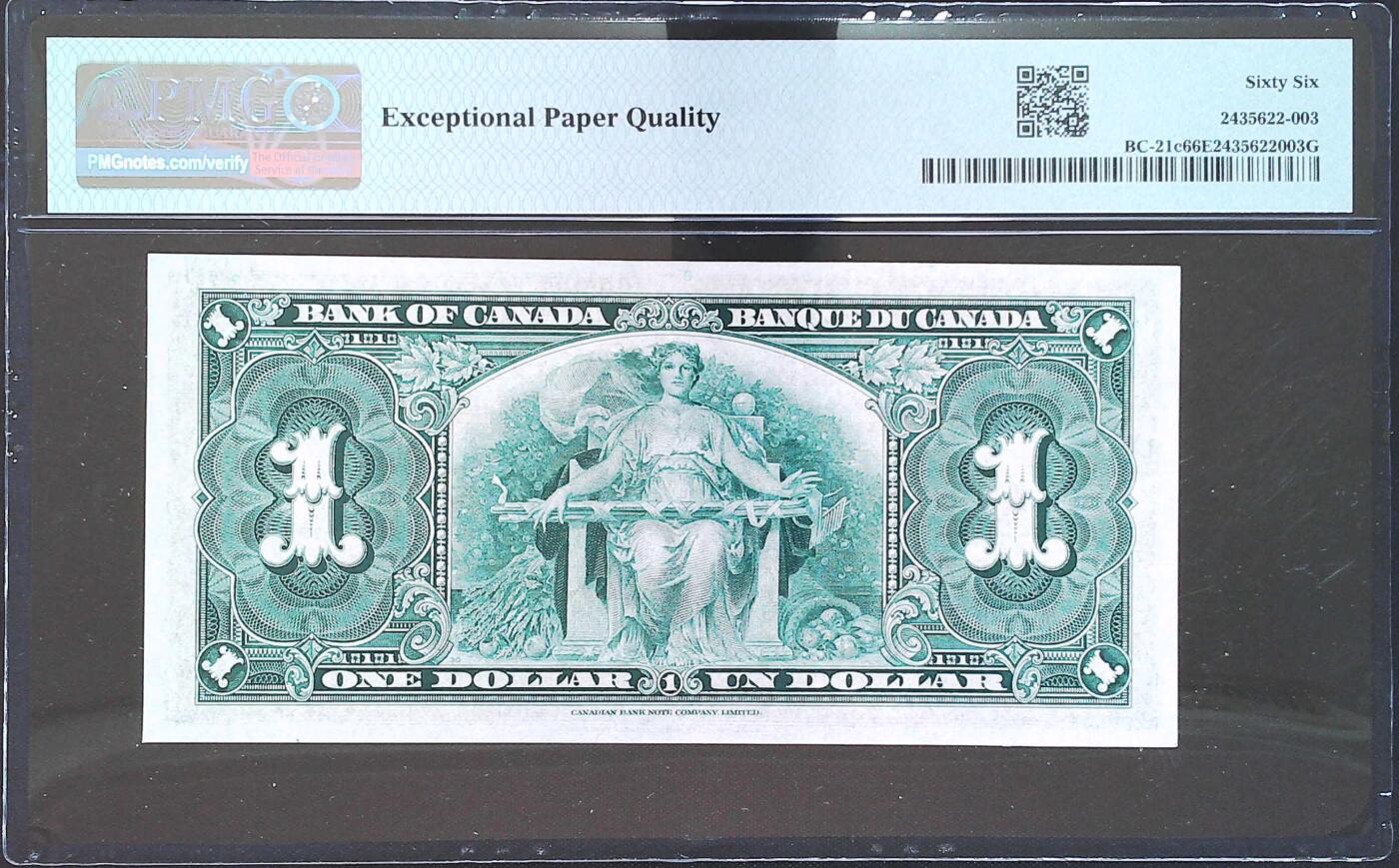 世界靓号纸钞第八十期 1937年加拿大1元 全程无4 乔治六世 背面丰收女神 PMG66 超高分 亚军分