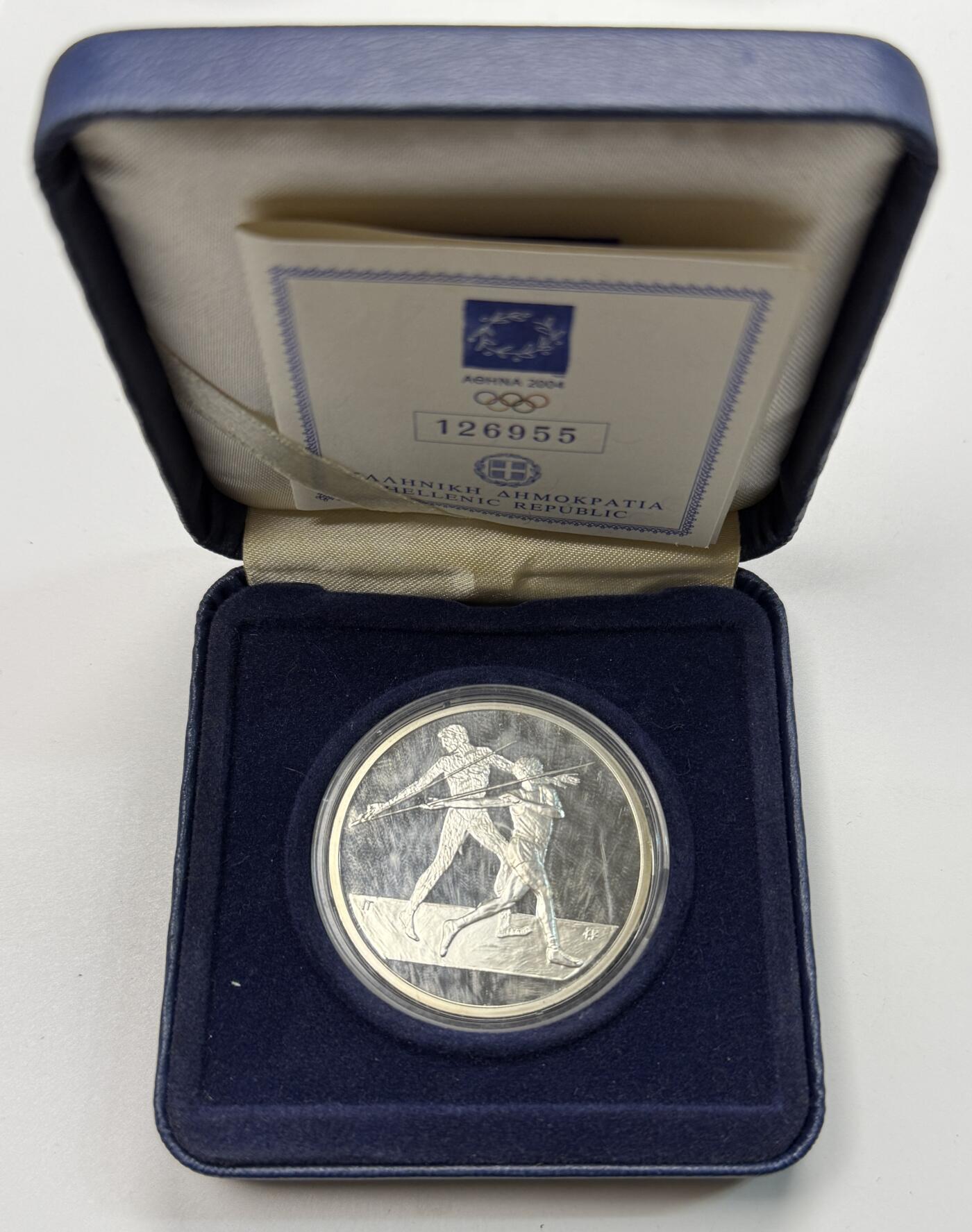 S&S Numismatic世界钱币-拍卖 第118期  希腊2004年 雅典奥运会-标枪 10欧元精制银币 盒证齐全 34克925银