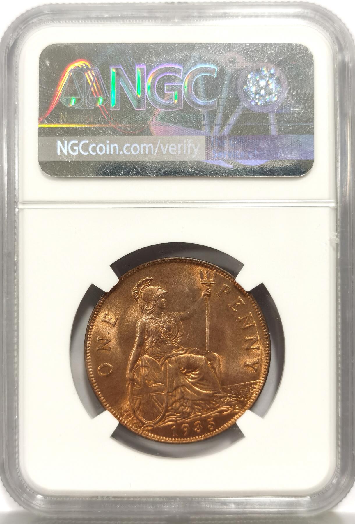 博洋堂世界钱币拍卖第156期（全场包邮） NGC MS66RB 英国1935年乔治五世1便士大铜币，底板丝滑，人物打制深俊，绸缎铜光耀眼，66分为冠军分，同66分爱七便士要一千多