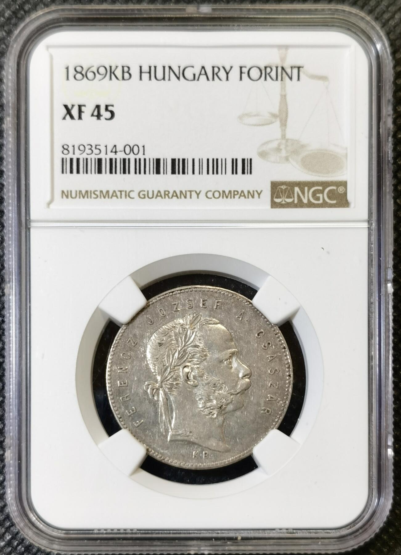 甄臻铺-世界币章拍卖（第46期）送拍享返佣金等优惠多多（1月10日精品场，敬请期待） NGC-XF45 奥匈帝国匈牙利1869年1福林银币 双天使扶冠版 此银币只发行了1868和1869两年，非常稀少！