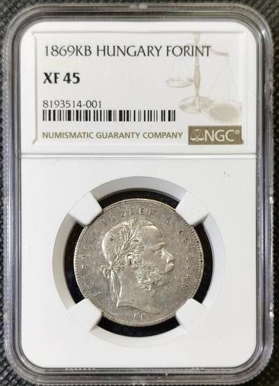 甄臻铺-世界币章拍卖（第46期）送拍享返佣金等优惠多多（1月10日精品场，敬请期待） - NGC-XF45 奥匈帝国匈牙利1869年1福林银币 双天使扶冠版 此银币只发行了1868和1869两年，非常稀少！