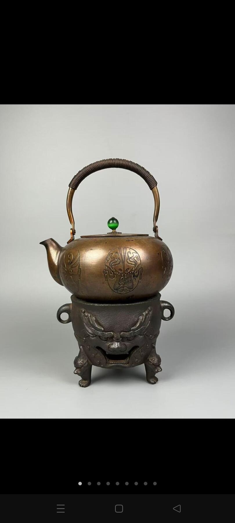 旧藏【京剧脸谱铜壶+铸铁炉】整套，全品完整，实拍如图！