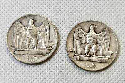 甄臻铺-世界币章拍卖（第46期）送拍享返佣金等优惠多多（1月10日精品场，敬请期待） 意大利1927年、1929年5里拉银币一对，细节见图