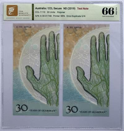 2026第1场（总第228期）：精品测试钞、外钞、塑料钞、连体钞综合场 - Error同号码错误 黄色荧光/CCL塞卡瑞希 “Guardian塑料钞发行30周年～手型”塑料测试钞同号码一对（TQG66）