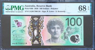 世界靓号纸钞第八十期 - 2020年澳大利亚100元 末冠EA冠 全程无4 PMG68 超高分