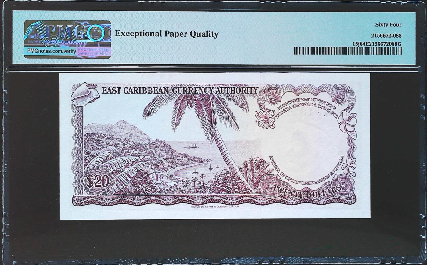 世界靓号纸钞第八十期 1965年东加勒比20元 戎装女王 全程无47 PMG64