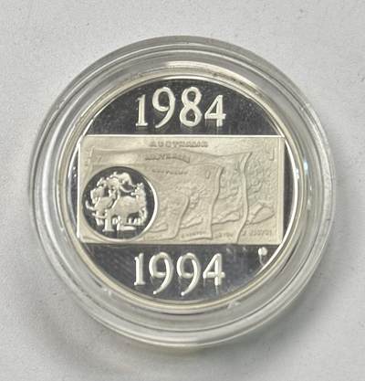 S&S Numismatic世界钱币-拍卖 第118期  - 澳大利亚1994年 澳元硬币发行十周年 1澳元精制纪念银币 盒证齐全 半边齿和全边齿2枚全套 11.49克925银/枚，品相如图