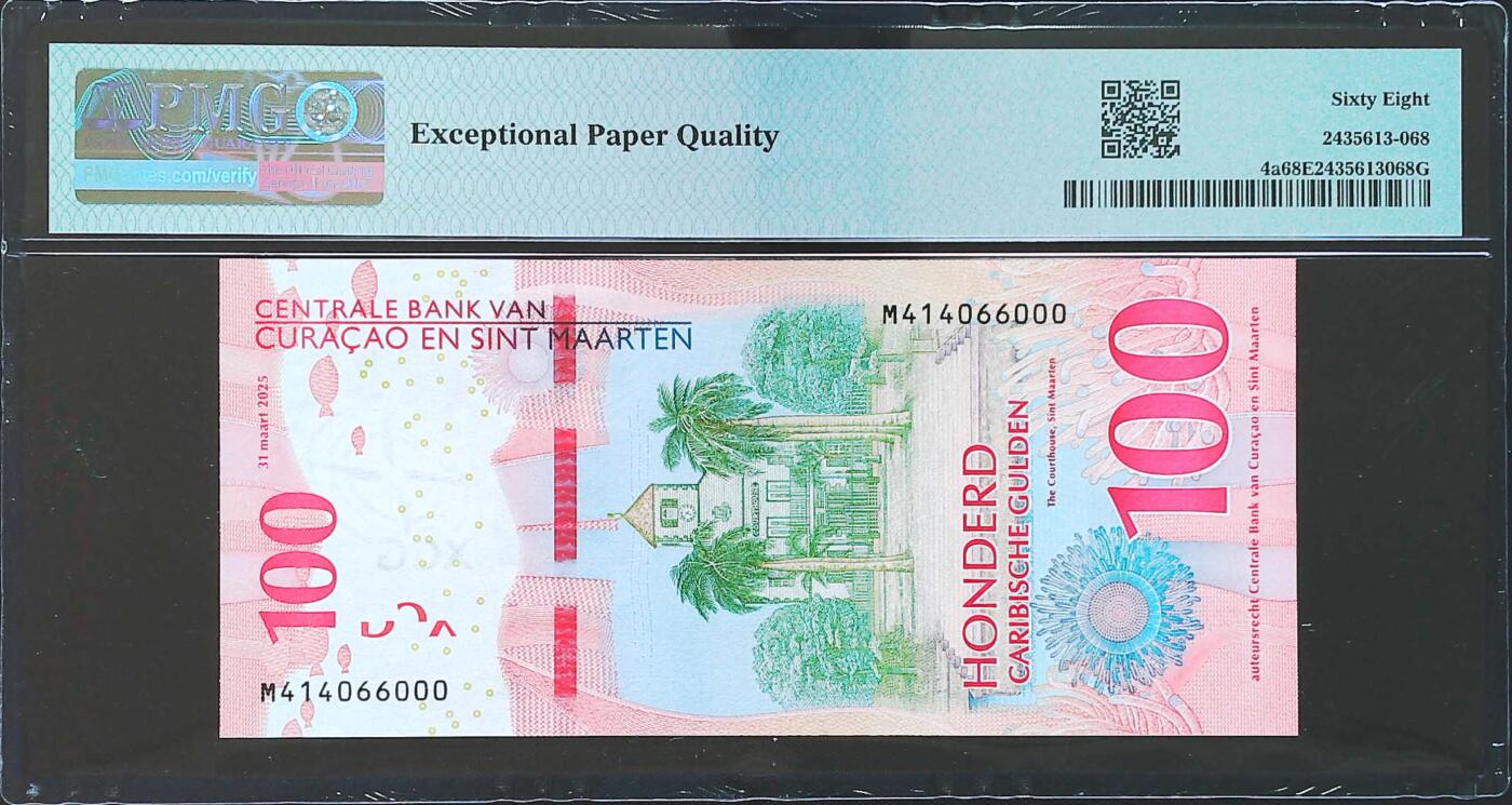 世界靓号纸钞第八十期 2025年库拉索和圣马丁100盾 全偶数 豹子号000 PMG68 冠军分！！ 非常漂亮的一张钞