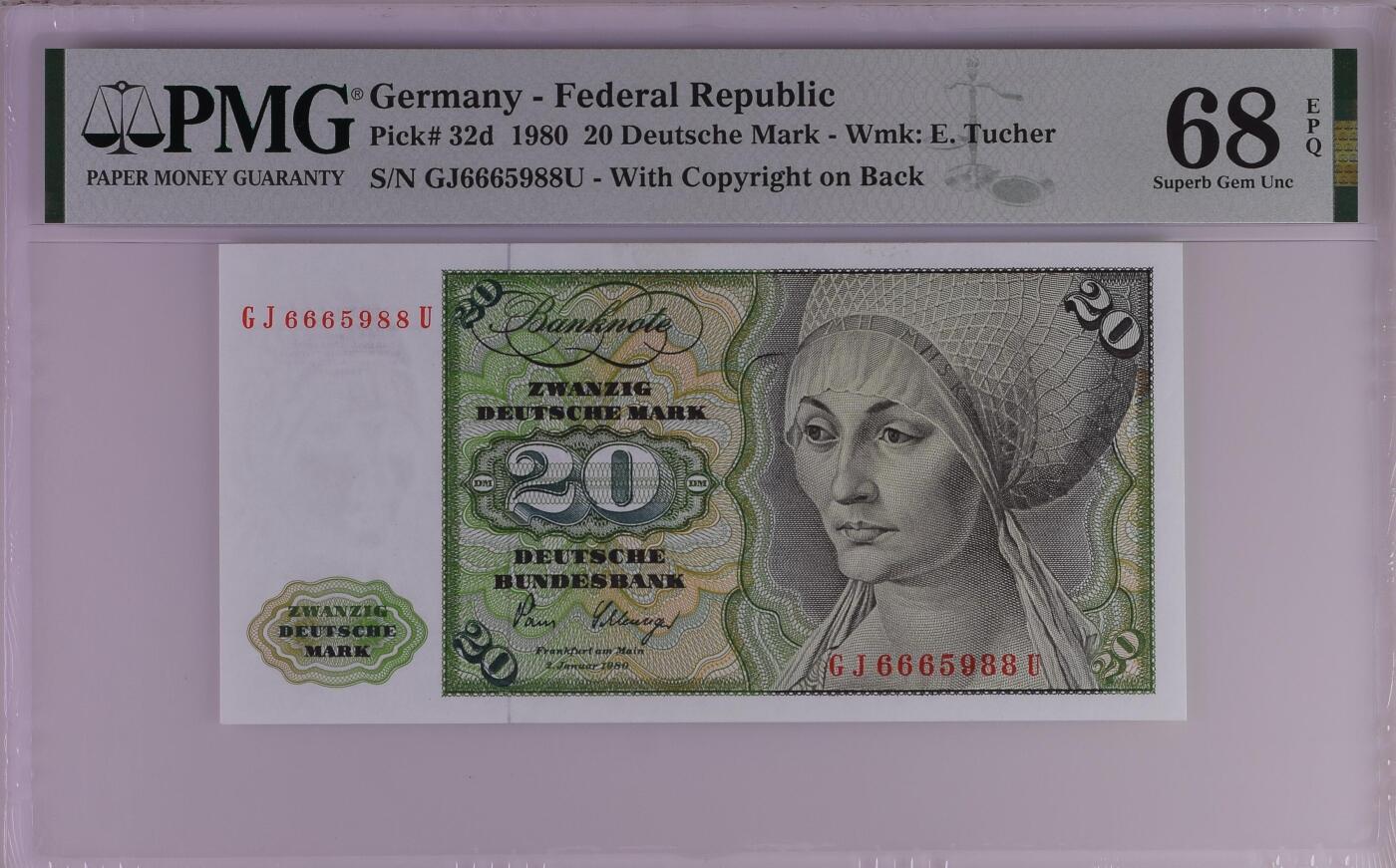 🐍甜小邱世界纸币收藏🐍第139期精品场💐 【冠军分】无347靓号尾88 PMG68 联邦德国 20 马克 1980