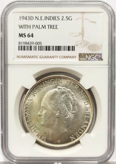 博洋堂世界钱币拍卖第156期（全场包邮） - NGC MS64 荷属东印度1943年威廉明娜2.5盾大银币 单年份 高分难得
