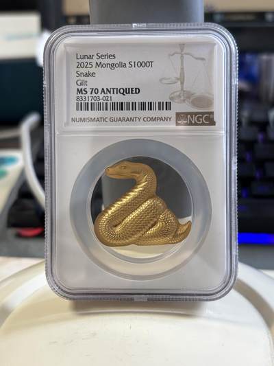 第187期拍卖 - 蒙古2025年中国生肖灵蛇镀金农历1盎司异形银币NGC-MS70无盒无证书，999银镀金，发行888枚