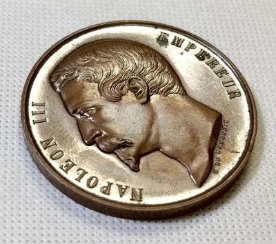 甄臻铺-世界币章拍卖（第46期）送拍享返佣金等优惠多多（1月10日精品场，敬请期待） 1859年拿破仑三世农业铜章 57.8克 50.6mm 手指铜标 脸上有墨，细节见图