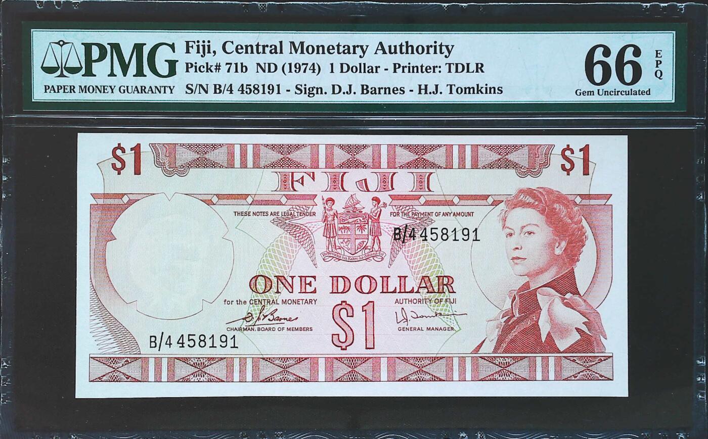 世界靓号纸钞第八十期 1974年斐济1元 戎装女王 PMG66