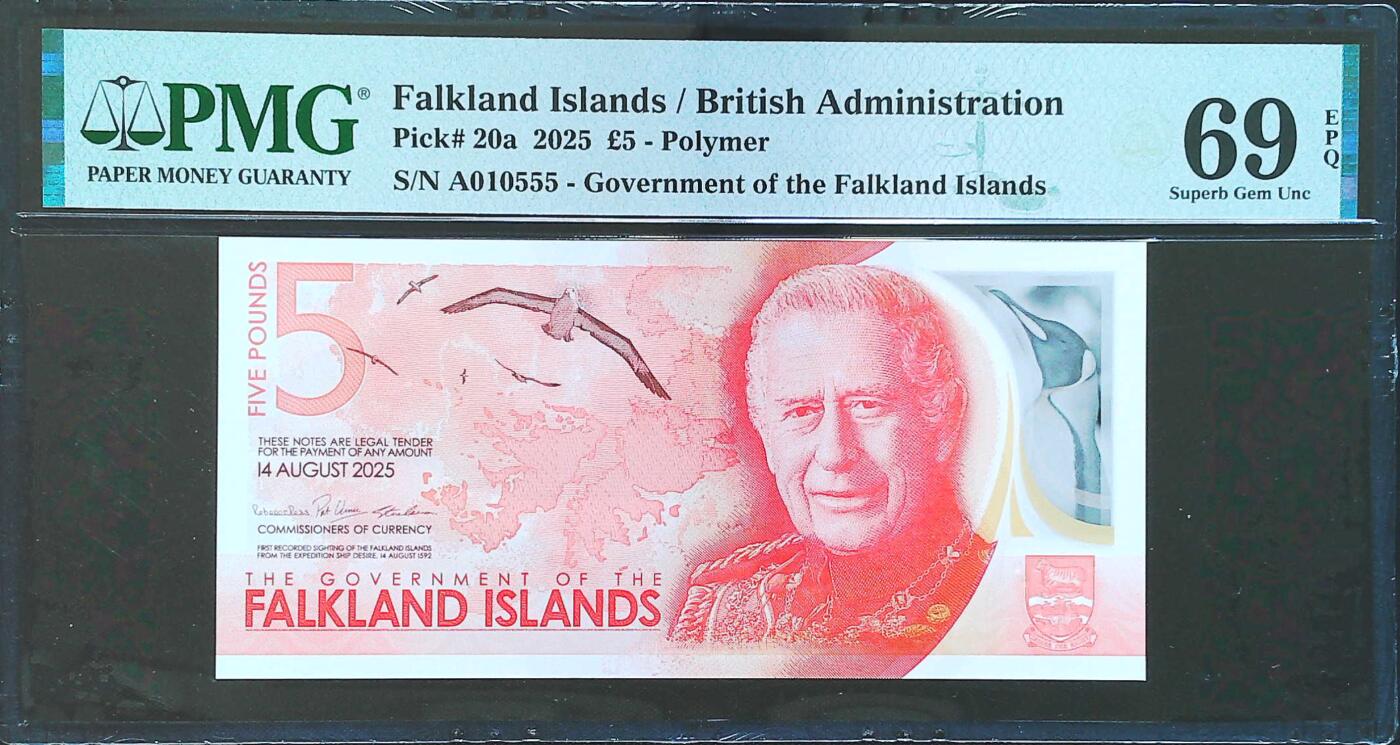 世界靓号纸钞第八十期 2025年福克兰群岛5镑 首发A冠 全程无347 数三 豹子号555 PMG69 超高分 靓号高分可遇不可求