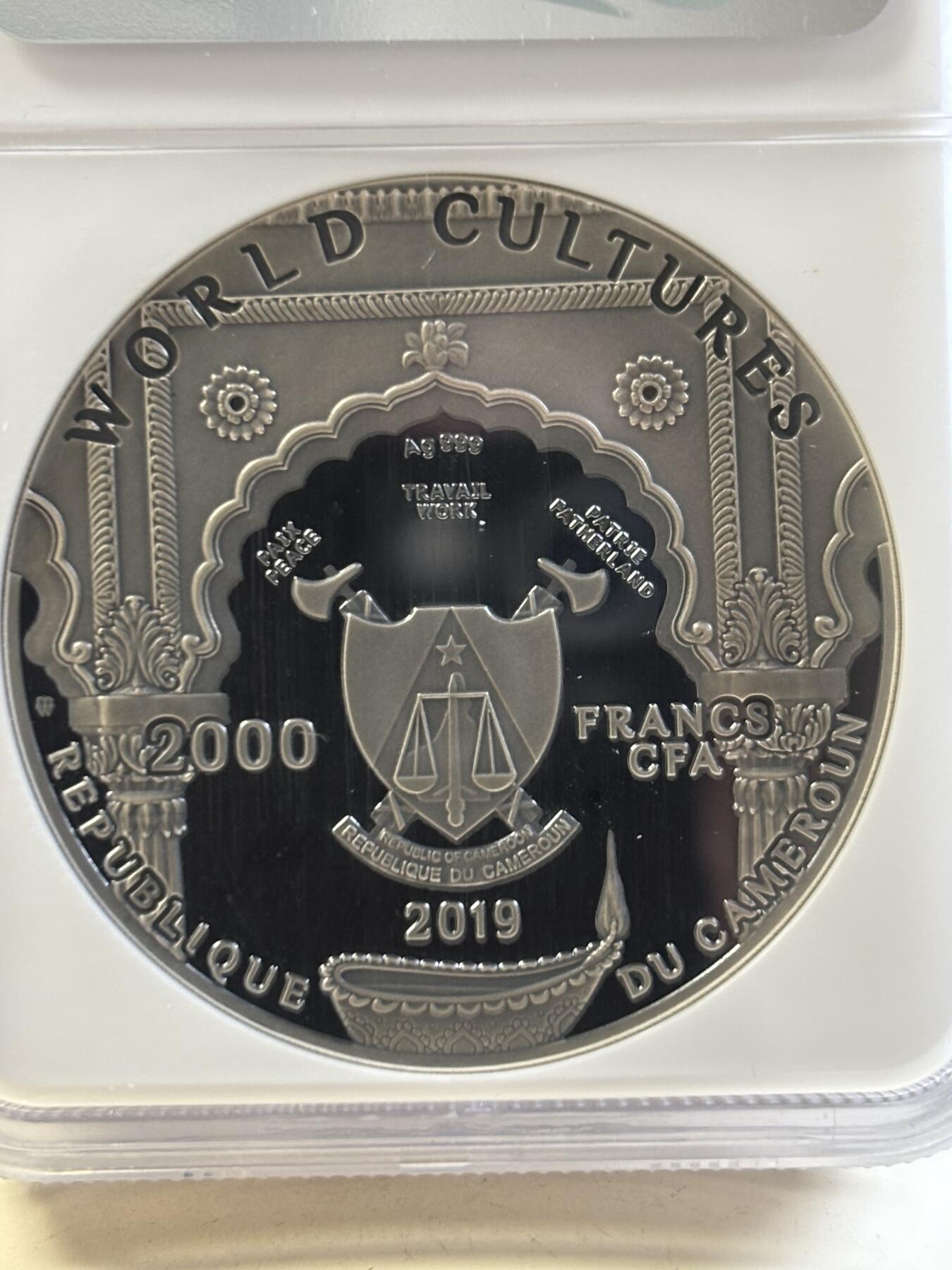 第187期拍卖 喀麦隆2019世界文化系列2象鼻神2盎司高浮雕镶嵌银币NGC-MS70首无盒无证书，999银，发行500枚